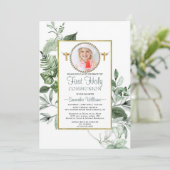 Elegant Eucalyptus Golden Photo First Commune Kaart (Staand voorkant)