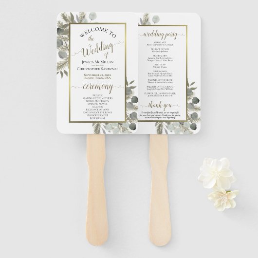 Elegant Eucalyptus & Golden Pine Wedding Program Handwaaier (Voorkant en achterkant)