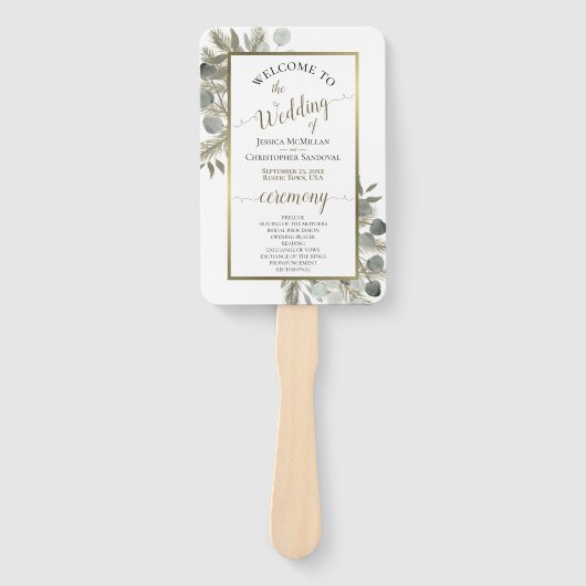 Elegant Eucalyptus & Golden Pine Wedding Program Handwaaier (Voorkant)