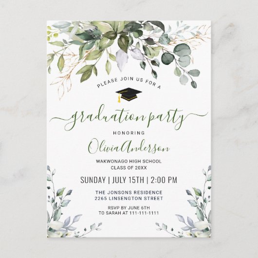 Elegant Eucalyptus Graduation Party Invitation Briefkaart (Voorkant)