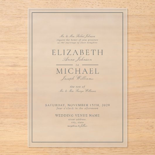 Elegant Eucalyptus Green Classic Script Weddenscha Acryl Uitnodigingen (Voorkant)