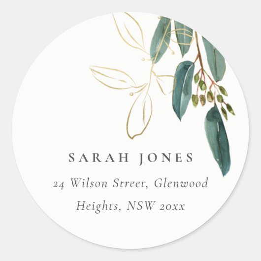 ELEGANT EUCALYPTUS GREEN GOLD FOLIAGE ADRES LABE RONDE STICKER (Voorkant)