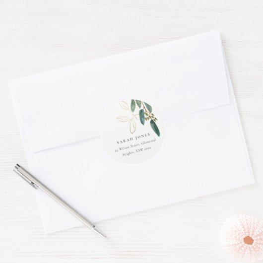 ELEGANT EUCALYPTUS GREEN GOLD FOLIAGE ADRES LABE RONDE STICKER (Envelop)