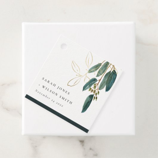 ELEGANT EUCALYPTUS GREEN GOLD FOLIAGE WEDDING BEDANKJES LABELS (In situ)