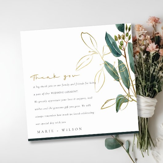ELEGANT EUCALYPTUS GREEN GOLD FOLIAGE WEDDING BEDANKKAART