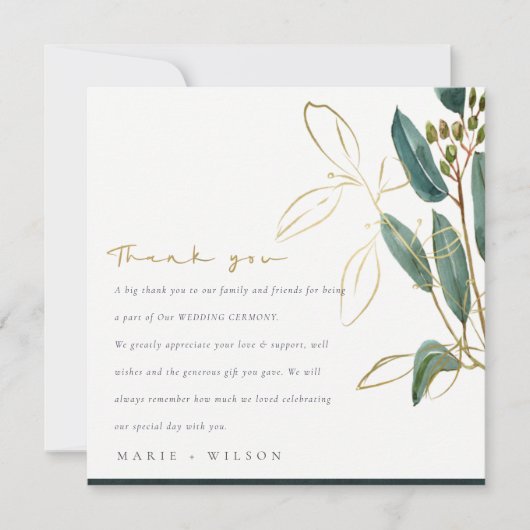 ELEGANT EUCALYPTUS GREEN GOLD FOLIAGE WEDDING BEDANKKAART (Voorkant)