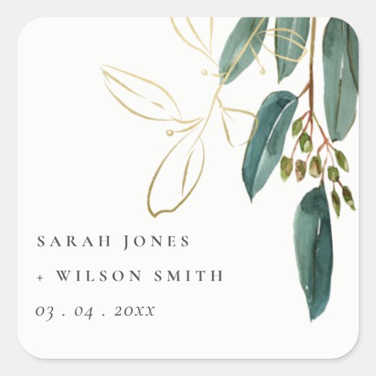 ELEGANT EUCALYPTUS GREEN GOLD FOLIAGE WEDDING VIERKANTE STICKER (Voorkant)