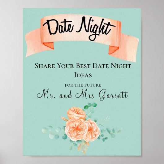 Elegant Eucalyptus Green Peach Date Night Sign Poster (Voorkant)