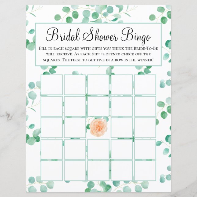 Elegant Eucalyptus Green Peach Floral Bridal Bingo (Voorkant)