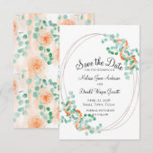 Elegant Eucalyptus Green Peach Floral Save The Date (Voorkant / Achterkant)