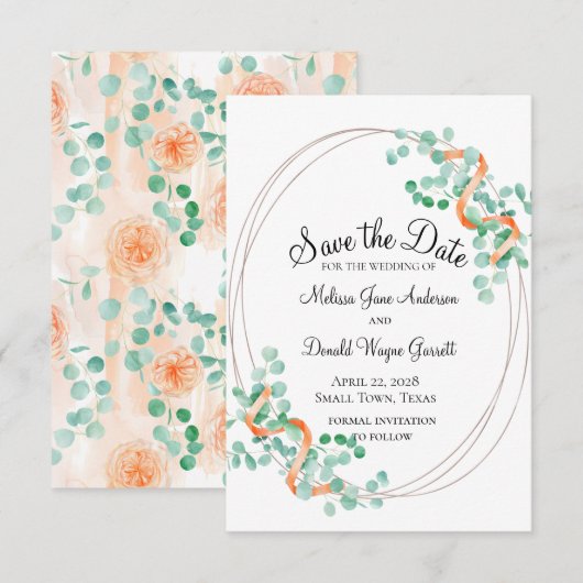 Elegant Eucalyptus Green Peach Floral Save The Date (Voorkant / Achterkant)