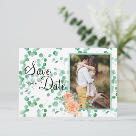 Elegant Eucalyptus Green Peach Floral Save The Date (Staand voorkant)