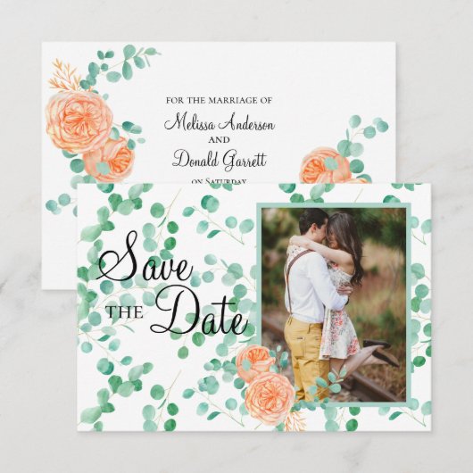 Elegant Eucalyptus Green Peach Floral Save The Date (Voorkant / Achterkant)