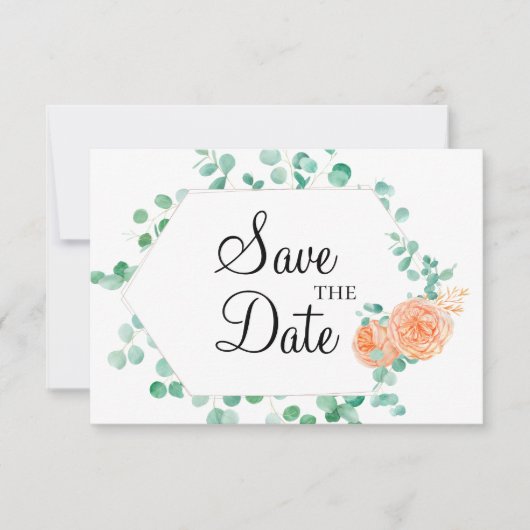Elegant Eucalyptus Green Peach Floral Save The Date (Voorkant)