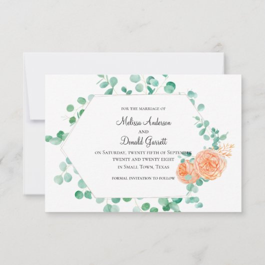 Elegant Eucalyptus Green Peach Floral Save The Date (Achterkant)