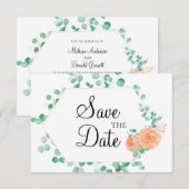 Elegant Eucalyptus Green Peach Floral Save The Date (Voorkant / Achterkant)