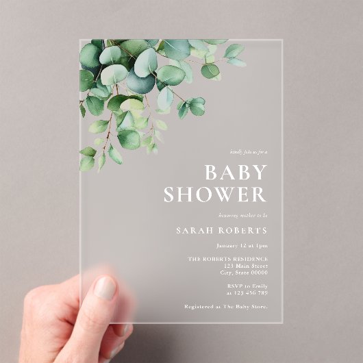 Elegant Eucalyptus Greenery Baby shower Acryl Uitnodigingen (Insitu (Draagbaar))