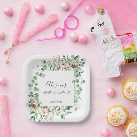 Elegant Eucalyptus Greenery Baby shower Square Papieren Bordje (Feest)