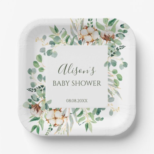 Elegant Eucalyptus Greenery Baby shower Square Papieren Bordje (Voorkant)