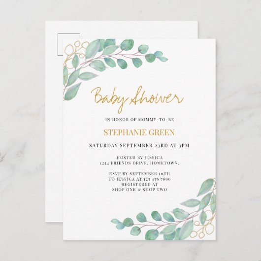 Elegant Eucalyptus Greenery Baby shower Uitnodiging Briefkaart (Voorkant / Achterkant)