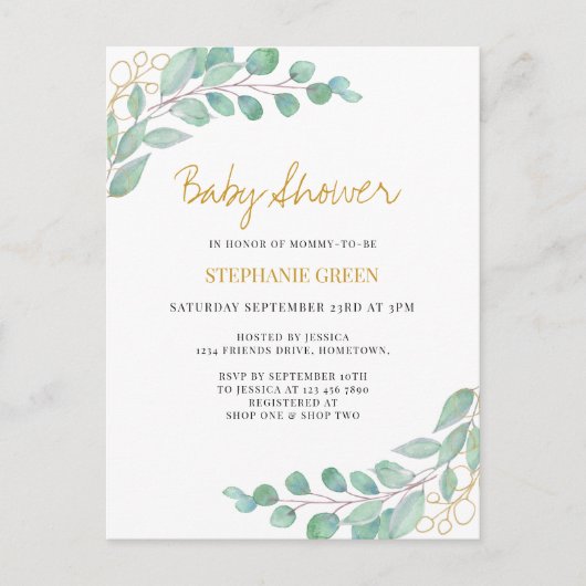 Elegant Eucalyptus Greenery Baby shower Uitnodiging Briefkaart (Voorkant)