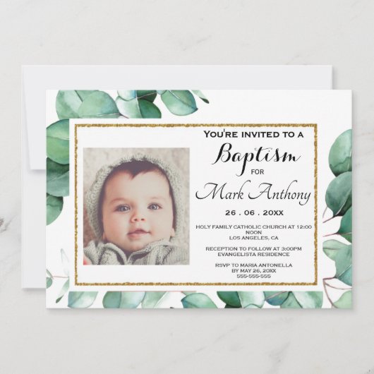 Elegant Eucalyptus Greenery Baptism Invitation Kaart (Voorkant)