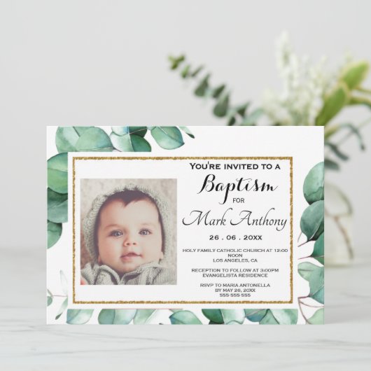 Elegant Eucalyptus Greenery Baptism Invitation Kaart (Staand voorkant)