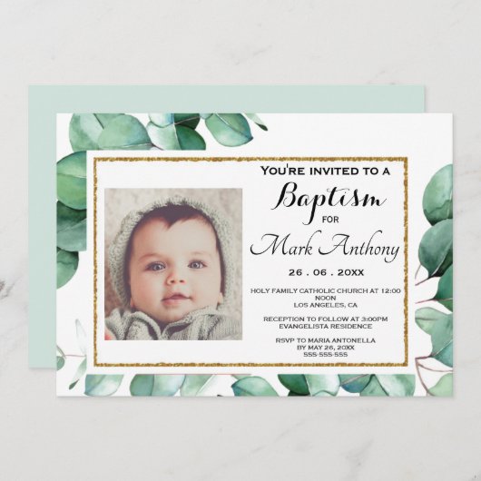 Elegant Eucalyptus Greenery Baptism Invitation Kaart (Voorkant / Achterkant)