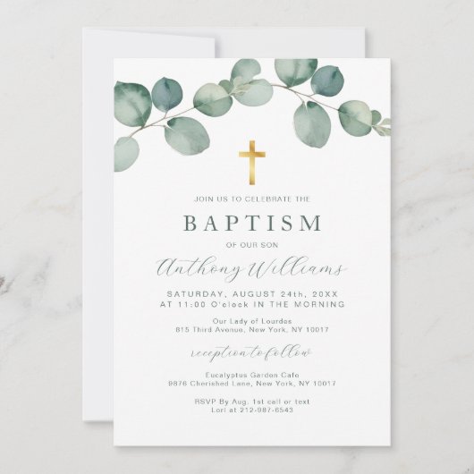 Elegant Eucalyptus Greenery Baptism Invitation Kaart (Voorkant)