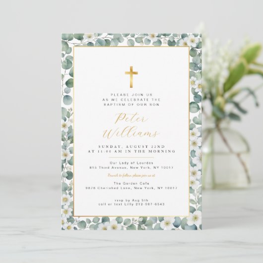 Elegant Eucalyptus Greenery Baptism Invitation Kaart (Staand voorkant)