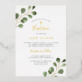Elegant eucalyptus greenery Baptism real gold Folie Uitnodiging (Voorkant)