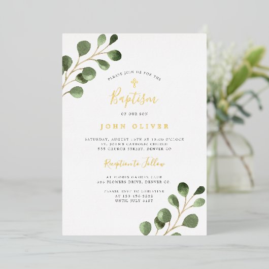 Elegant eucalyptus greenery Baptism real gold Folie Uitnodiging (Staand Voorkant)