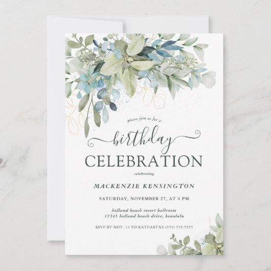 Elegant Eucalyptus Greenery Birthday Celebration Kaart (Voorkant)