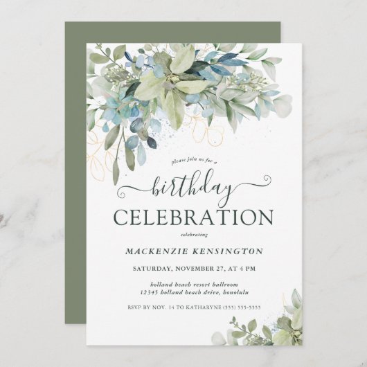 Elegant Eucalyptus Greenery Birthday Celebration Kaart (Voorkant / Achterkant)