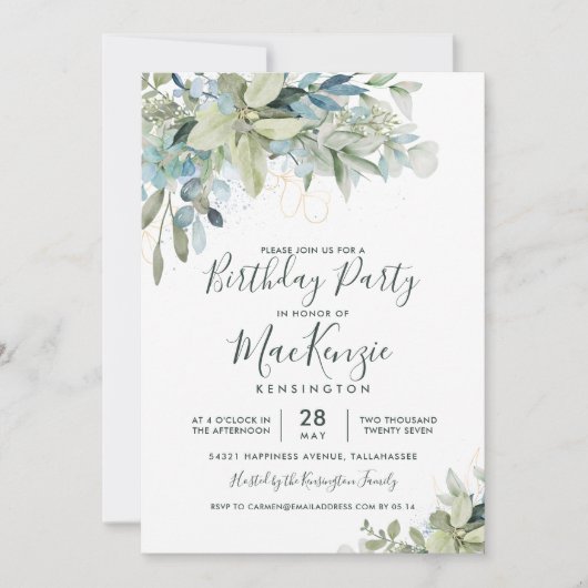 Elegant Eucalyptus Greenery Birthday Party Kaart (Voorkant)