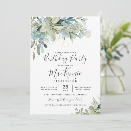 Elegant Eucalyptus Greenery Birthday Party Kaart (Staand voorkant)