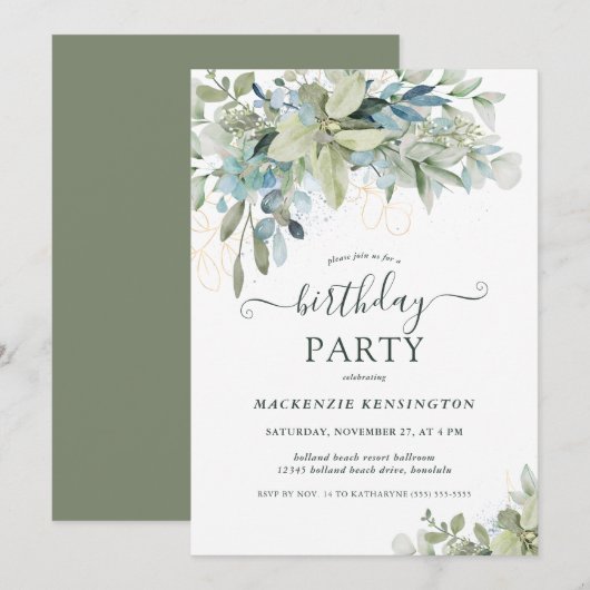Elegant Eucalyptus Greenery Birthday Party Kaart (Voorkant / Achterkant)