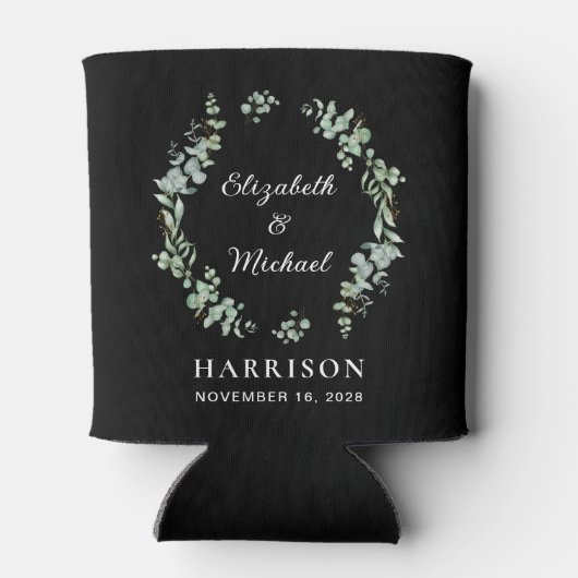 Elegant Eucalyptus Greenery Black Wedding Favor Blikjeskoeler (Achterkant)