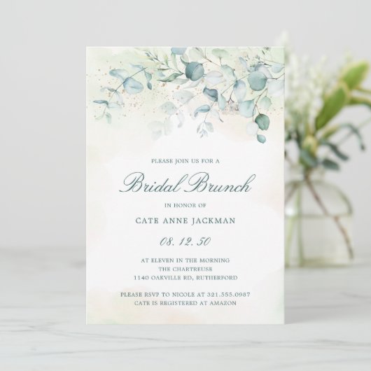 Elegant Eucalyptus Greenery Bridal Brunch Kaart (Staand voorkant)