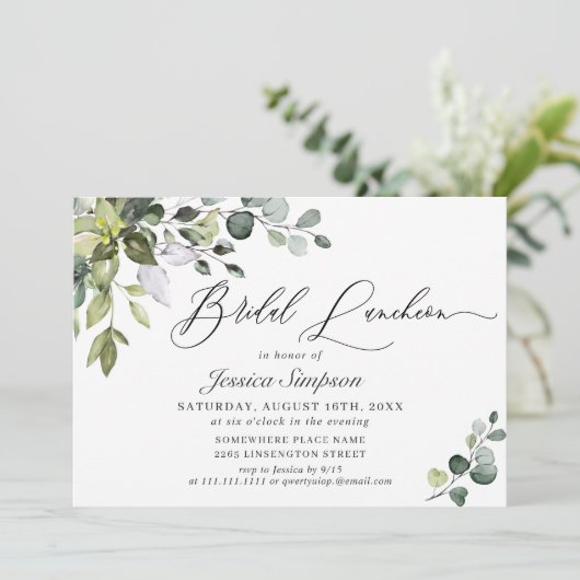 Elegant Eucalyptus Greenery Bridal Luncheon Kaart (Staand voorkant)