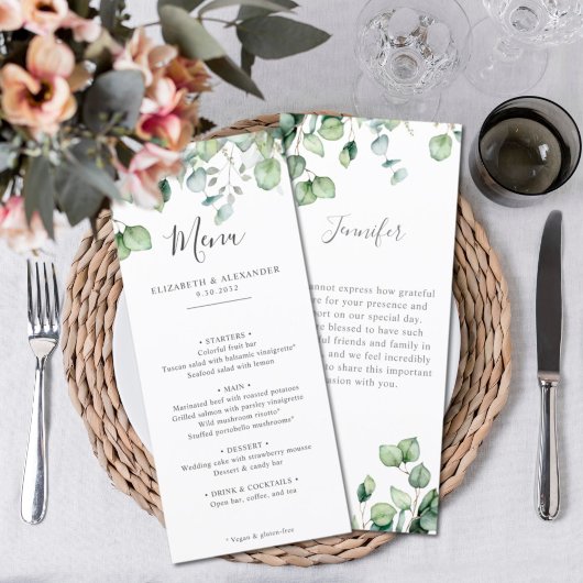 Elegant eucalyptus greenery bruiloft bedankt menu