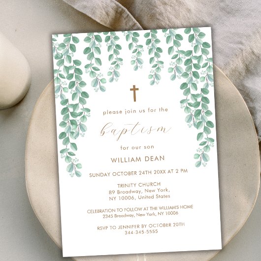 Elegant Eucalyptus Greenery Cross Baptisme Kaart