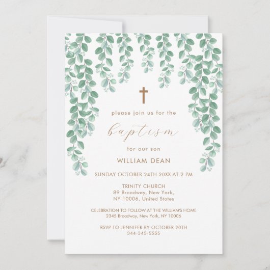 Elegant Eucalyptus Greenery Cross Baptisme Kaart (Voorkant)