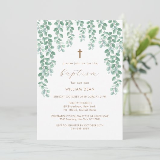 Elegant Eucalyptus Greenery Cross Baptisme Kaart (Staand voorkant)