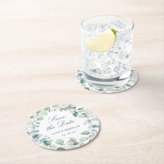 Elegant Eucalyptus Greenery die de datum opslaat Ronde Kartonnen Onderzetter (Insitu)