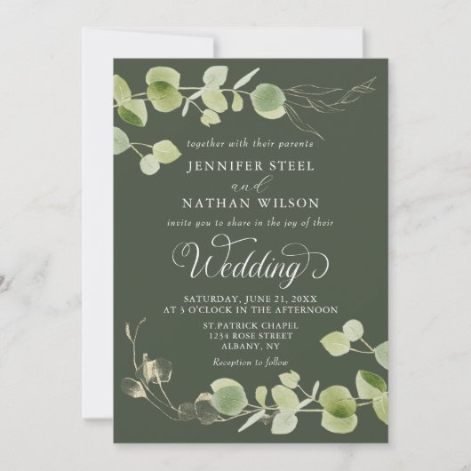 Elegant Eucalyptus Greenery Double-Sided Wedding Kaart (Voorkant)