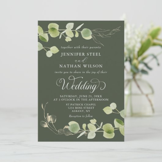 Elegant Eucalyptus Greenery Double-Sided Wedding Kaart (Staand voorkant)
