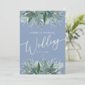 Elegant Eucalyptus Greenery Dusty Blue Wedding Kaart (Staand voorkant)