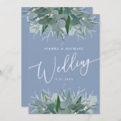 Elegant Eucalyptus Greenery Dusty Blue Wedding Kaart (Voorkant / Achterkant)