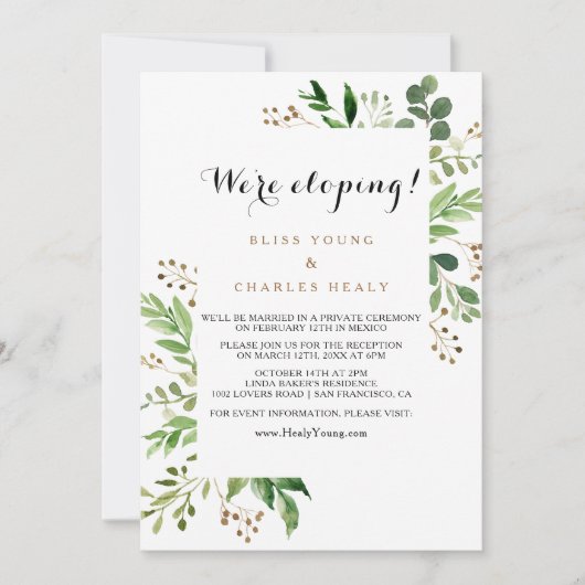 Elegant Eucalyptus Greenery Elopement Reception Kaart (Voorkant)